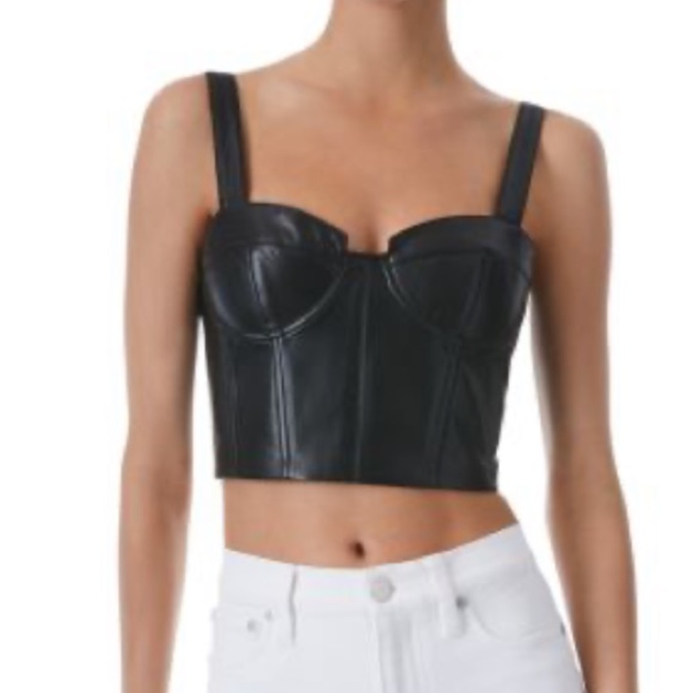 Alice + Olivia Jeanna Black Faux Leather Bustier Crop Top